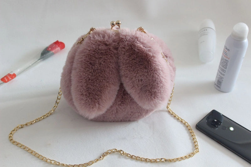 Women's Plush Rabbit Solid Color Cute Round Lock Clasp Handbag Crossbody Bag
