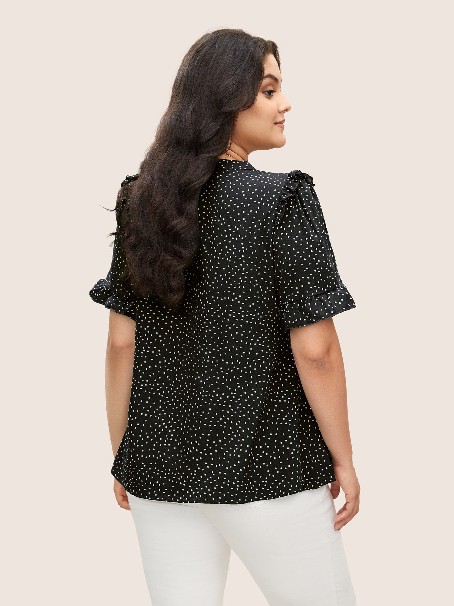 Polka Dot V Neck Ruffle Trim Blouse