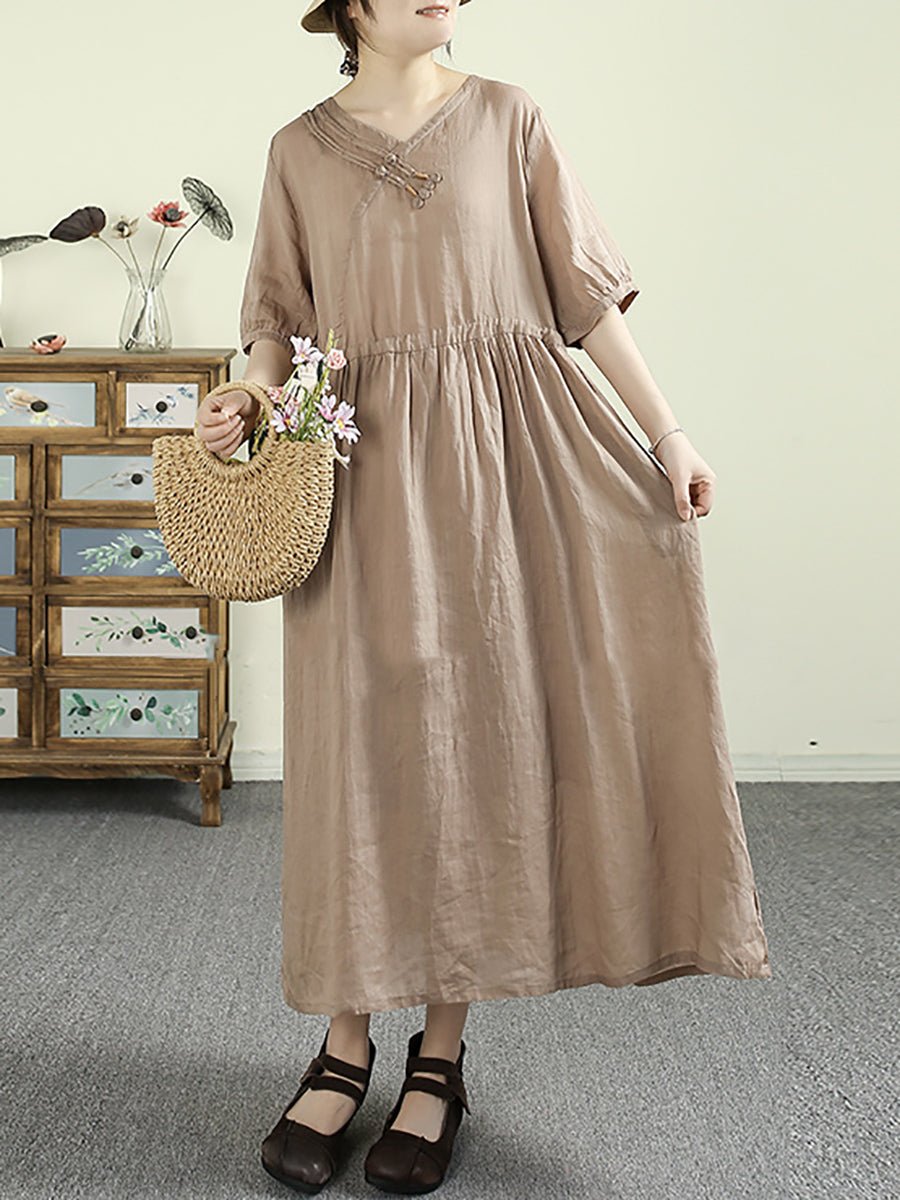 Women Summer Artsy Pure Color V-Neck 100%Ramie Dress