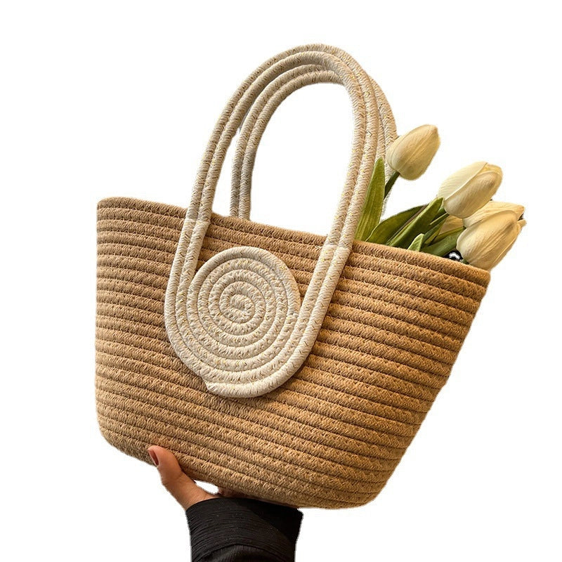 Women's Medium Cotton Rope Color Block Beach Classic Style Square Open Tote Bag