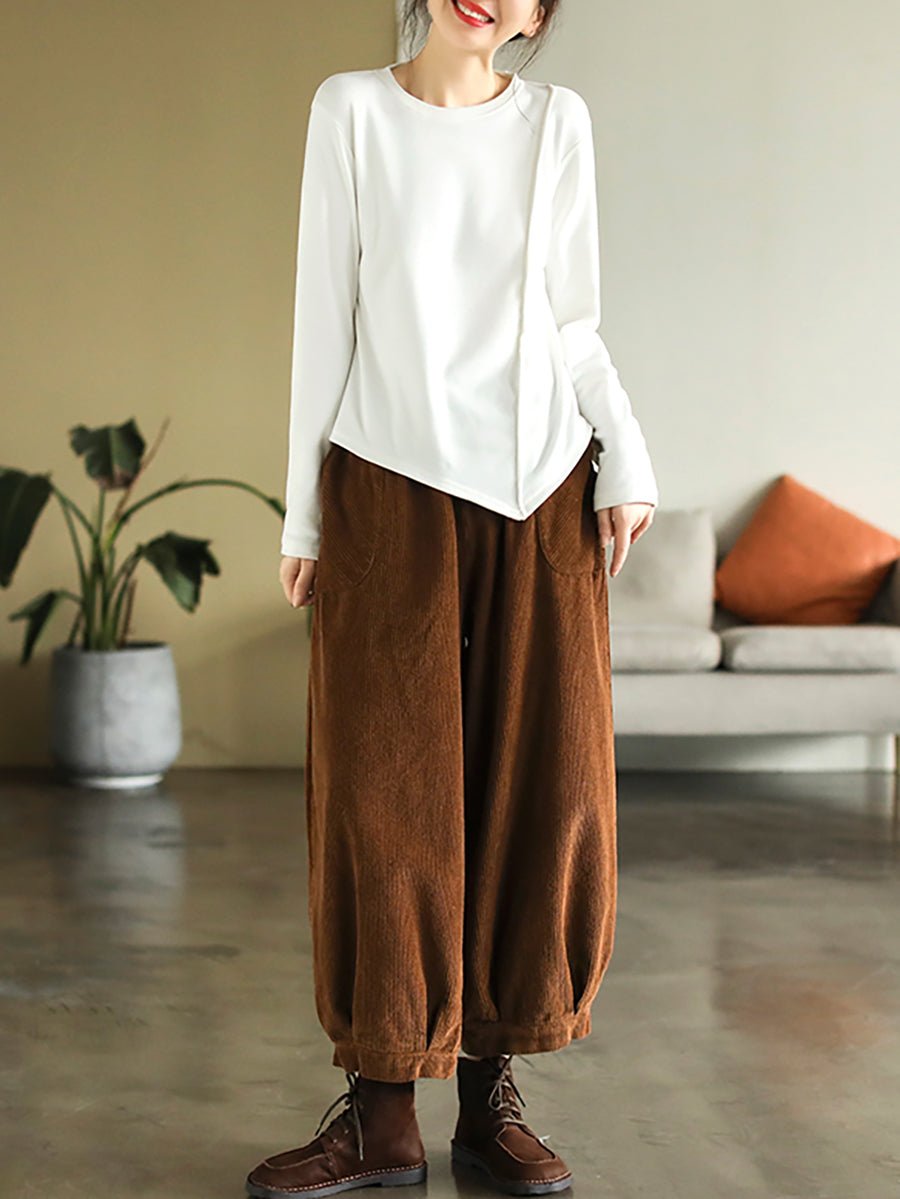 Plus Size Women Vintage Corduroy Pure Color Loose Harem Pants