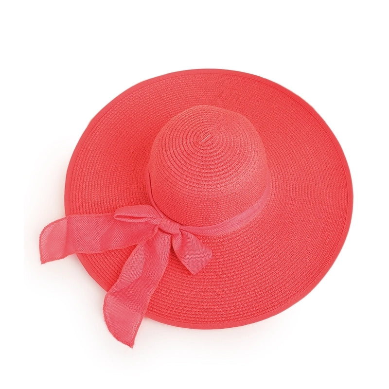 Fashion Solid Color Big Eaves Sunshadebowknot Straw Hat