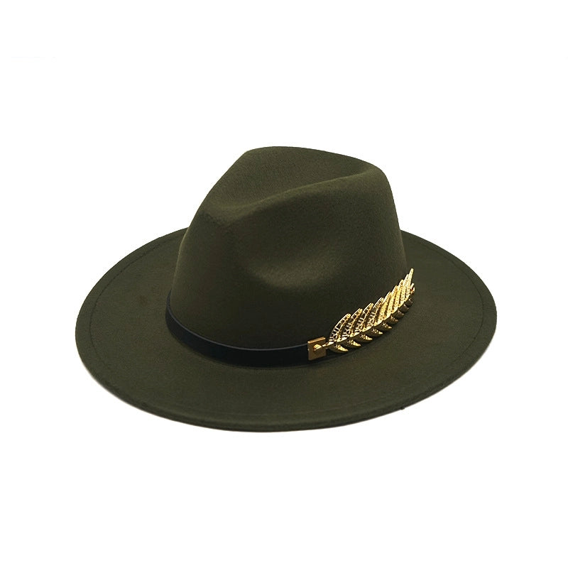 Style Fish Bone Gold Leaf Wool Gentleman Hat Large Brim Felt Hat Jazz Big Maple Leaf Imitation Wool Hat