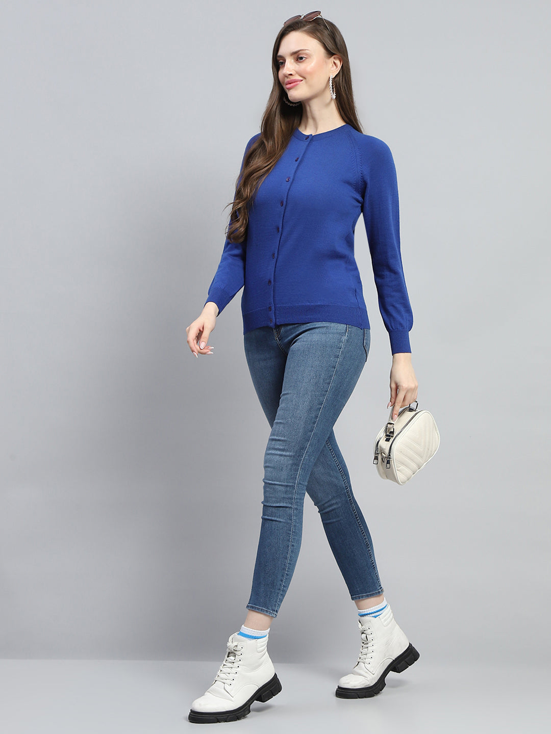 Women Blue Solid Round Neck Full Sleeve Cardigan