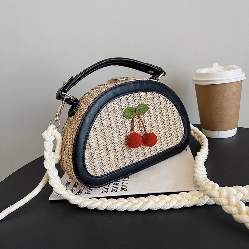 Women's Small Straw Color Block Cherry Streetwear Lock Clasp Handbag Crossbody Bag