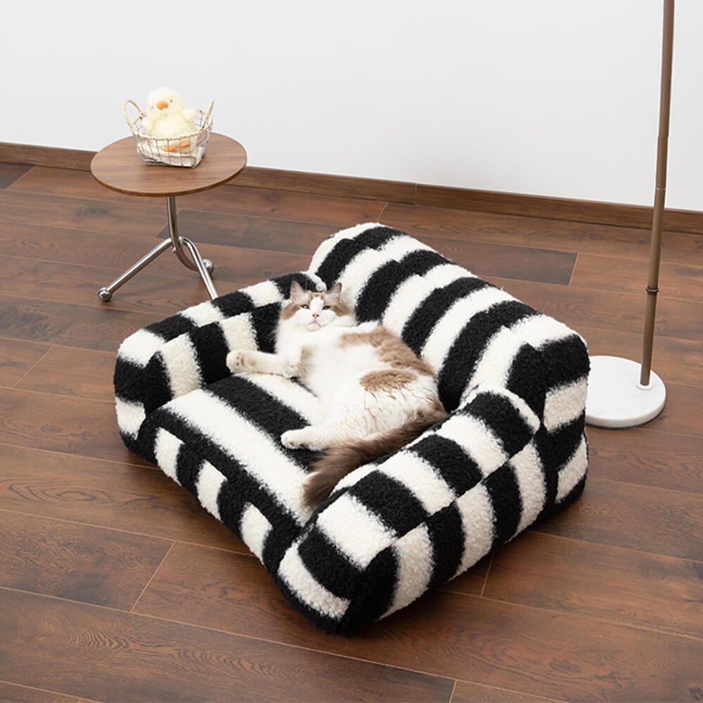 Bold Striped Faux Lambswool Wide Armrest Dog & Cat Sofa Bed