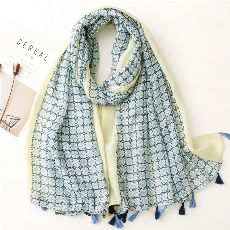 Yarn Cotton Fruit Green Bright Yellow Leaf Printing Tassel Scarf Shawl