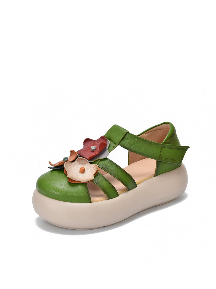 Women Summer Genuine Leather Flower Platform Sandals