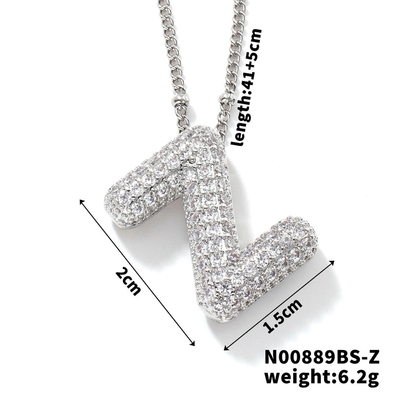 304 Stainless Steel Copper Rhodium Plated Three-dimensional Inlay Letter Zircon Pendant Necklace