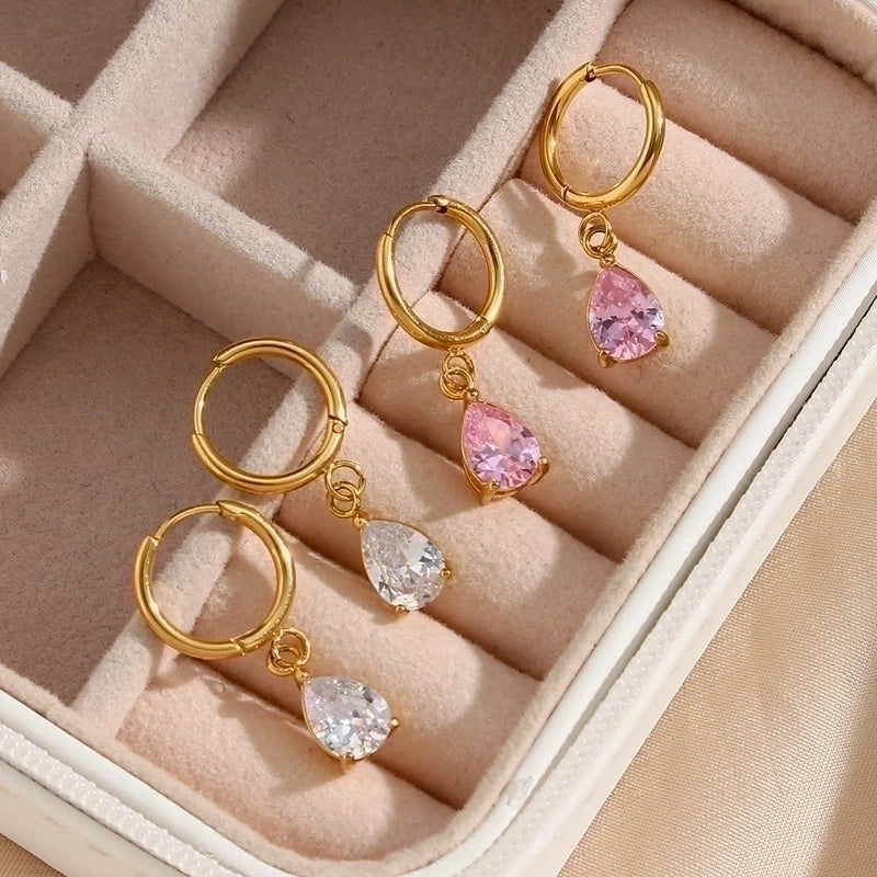 Fashion Water Droplets Plating Inlay 304 Stainless Steel Zircon 18K Gold Plated Drop Earrings