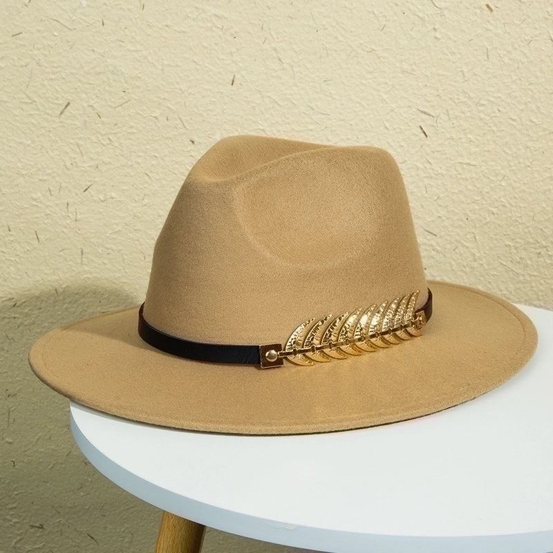 Unisex Retro Classic Style Leaves Solid Color Belt Buckle Wide Eaves Fedora Hat
