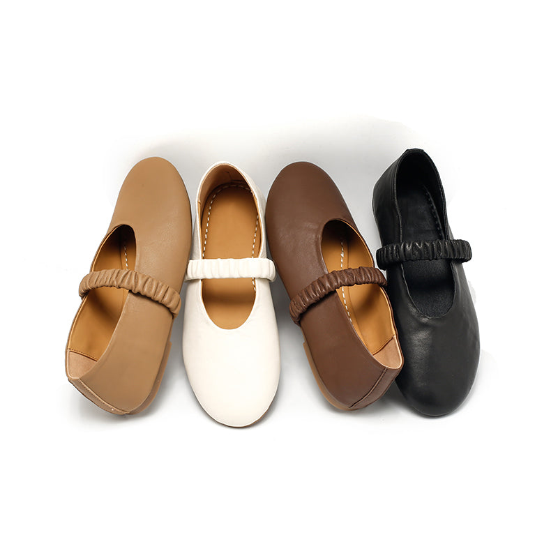 Casual Soft Sheepskin Mary Jane Flats with Elastic Strap in Khaki/Deep Brown/White/Black