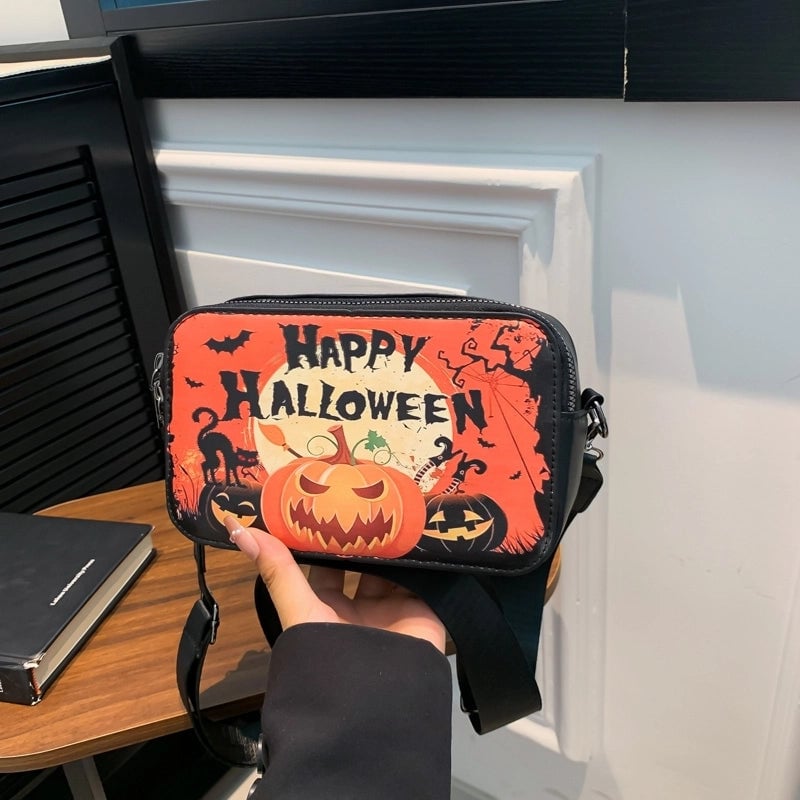 Halloween Women's Pu Leather Pumpkin Letter Ghost Streetwear Square Zipper Shoulder Bag Crossbody Bag
