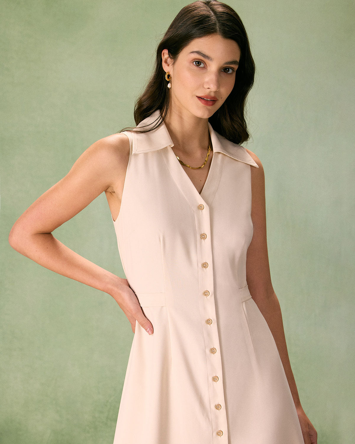 The Beige Collared Sleeveless Shirt Midi Dress