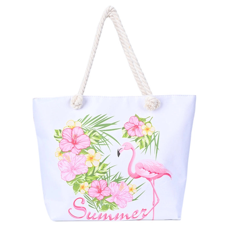 Women's Medium Canvas Flamingo Beach Square Zipper Beach Bag