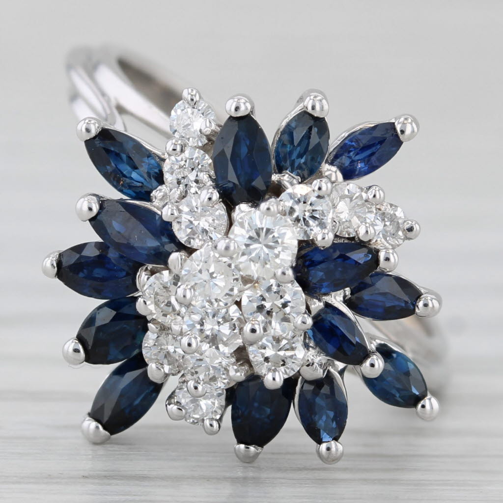1.77ctw Blue Sapphire Diamond Cluster Cocktail Ring 18k White Gold Size 7.5