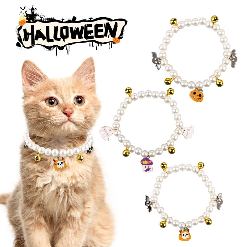 Cute Funny Imitation Pearl Halloween Pumpkin Ghost Beaded Pet Collar