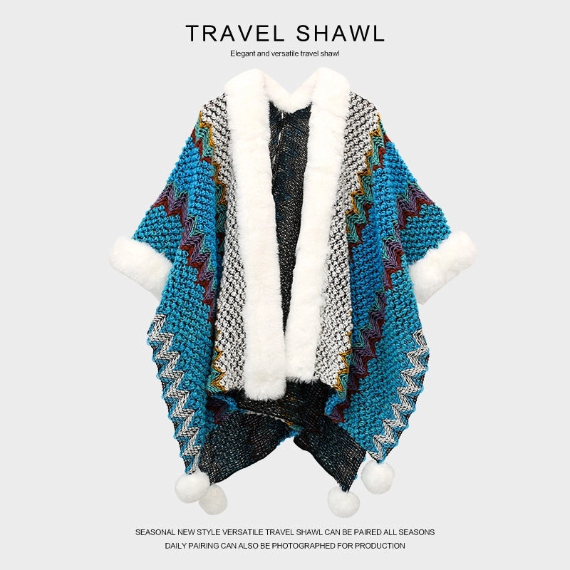 Women's Retro Multicolor Knit Patchwork Shawl