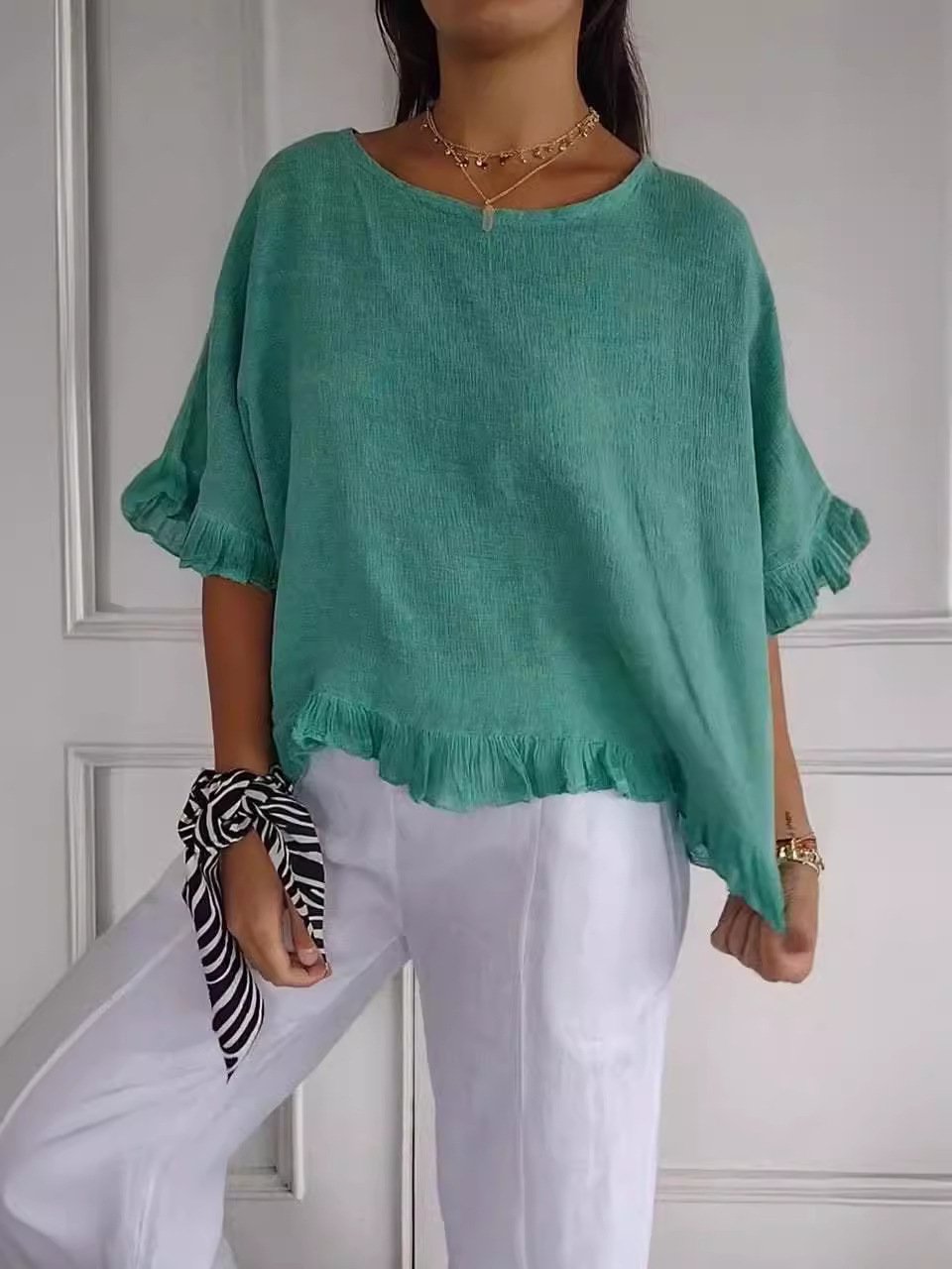 🔥🎁Round Neck Ruffled Hem Mid-sleeve Cotton and Linen Top