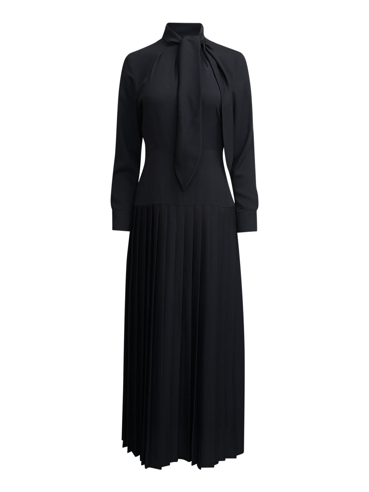 Tie Neck Pleated A-Line Maxi Dress, Black