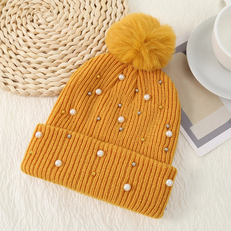 Women's Basic Sweet Minimalist Solid Color Pom Poms Pearl Eaveless Wool Cap