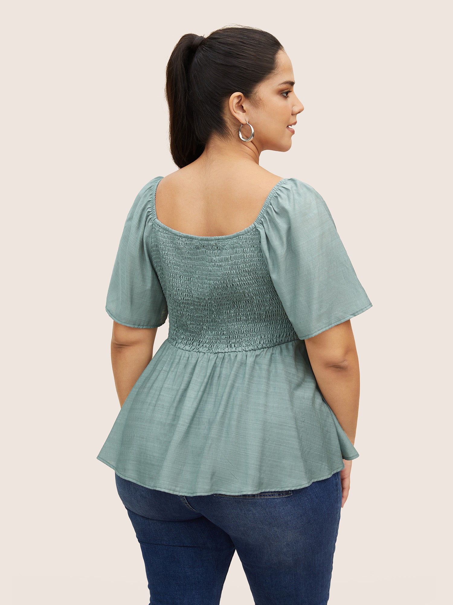 Notched Collar Shirred Ruffle Sleeve Blouse