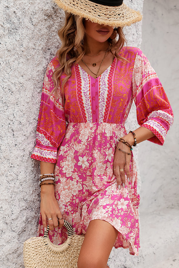 Bohemia Print V Neck Casual Mini Dress