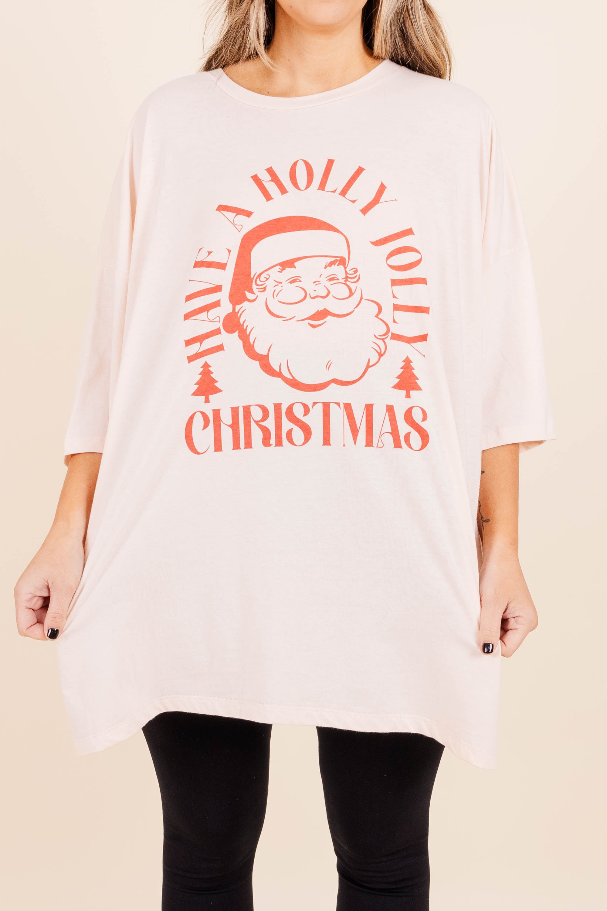 Have A Holly Jolly Christmas Boyfriend Tee. Cream Pink