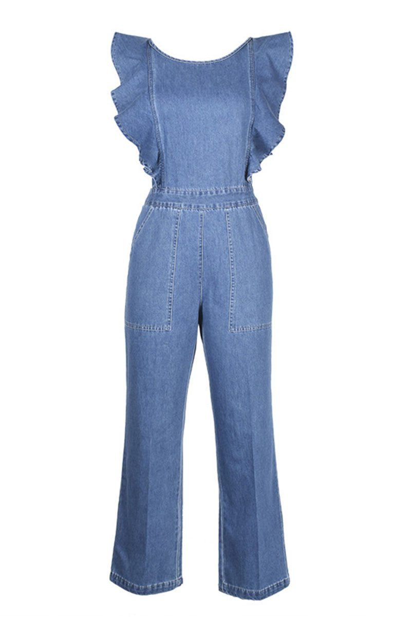 O Neck Flouncing Denim Jumpsuit