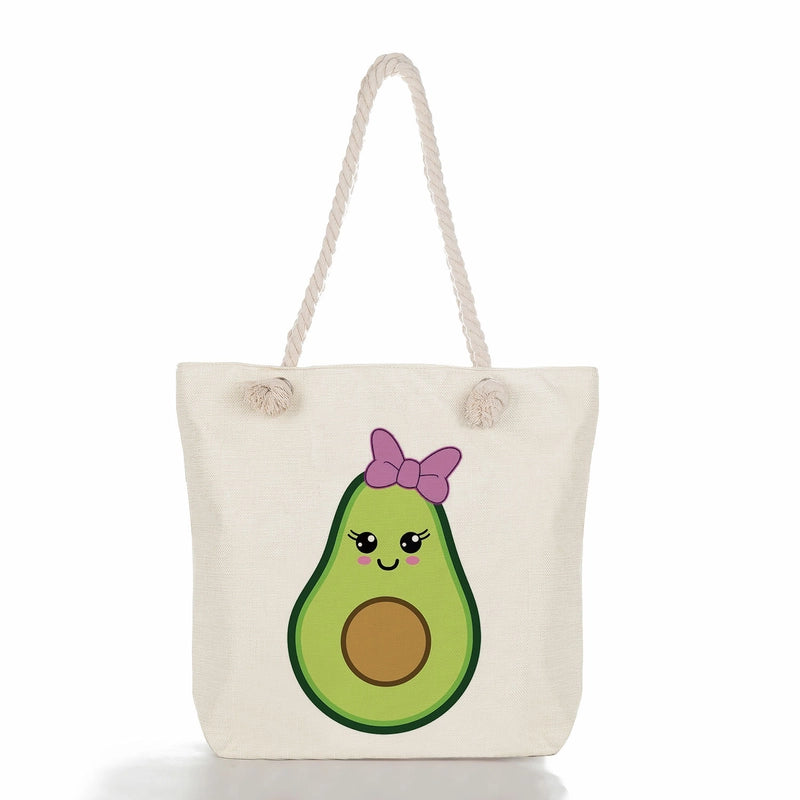 Women's Medium Linen Fruit Cute Classic Style Square Zipper Tote Bag Beach Bag
