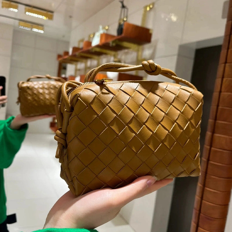 Women's Leather Solid Color Classic Style Weave Square Zipper Crossbody Bag