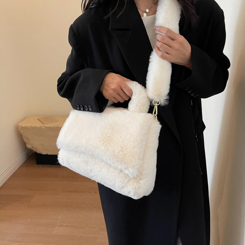Women's Plush Solid Color Cute Basic Sewing Thread Square Flip Cover Square Bag