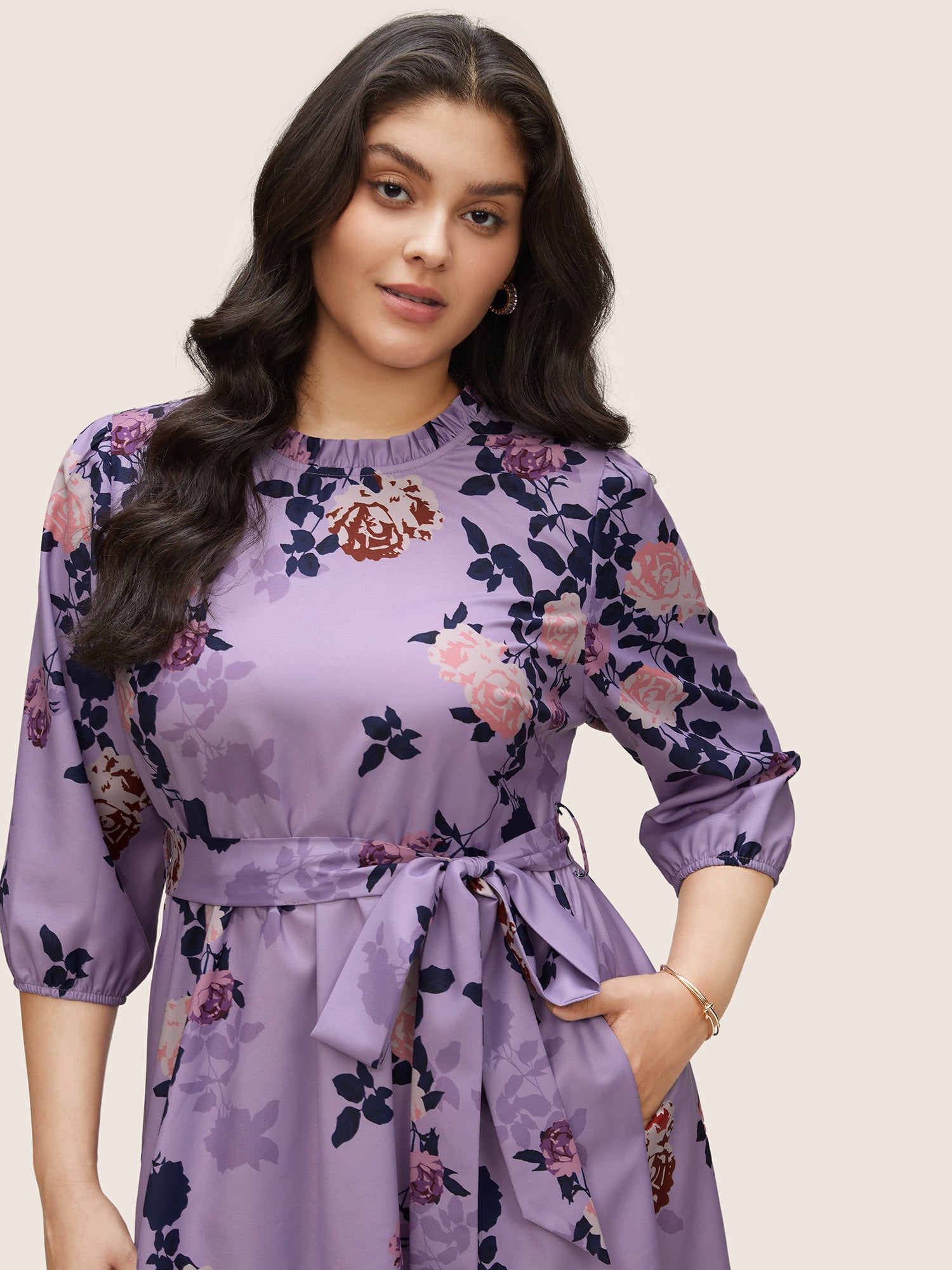 Floral Print Belted Pocket Frill Trim Dress