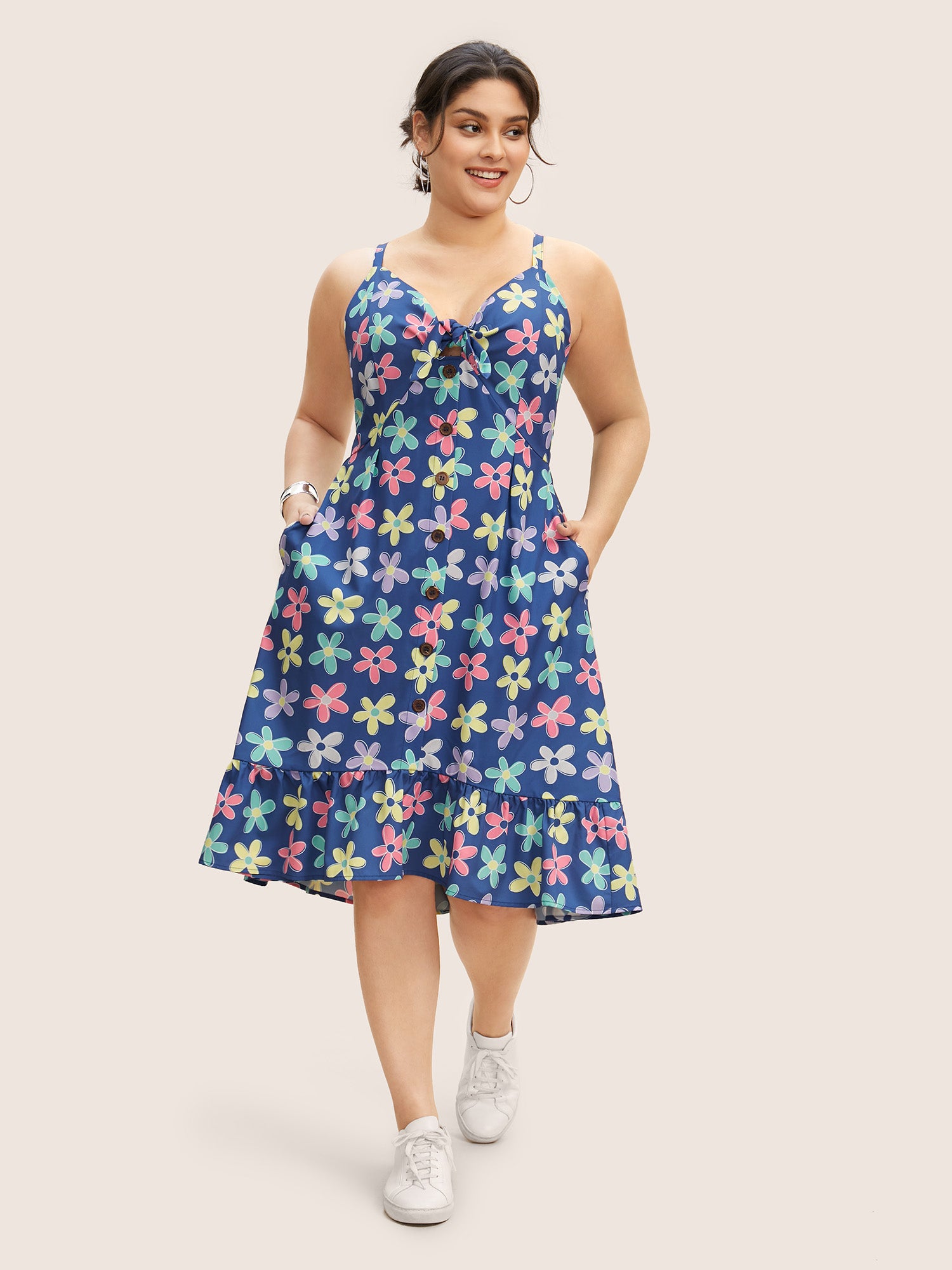 V Neck Floral Twist Front Button Detail Dress