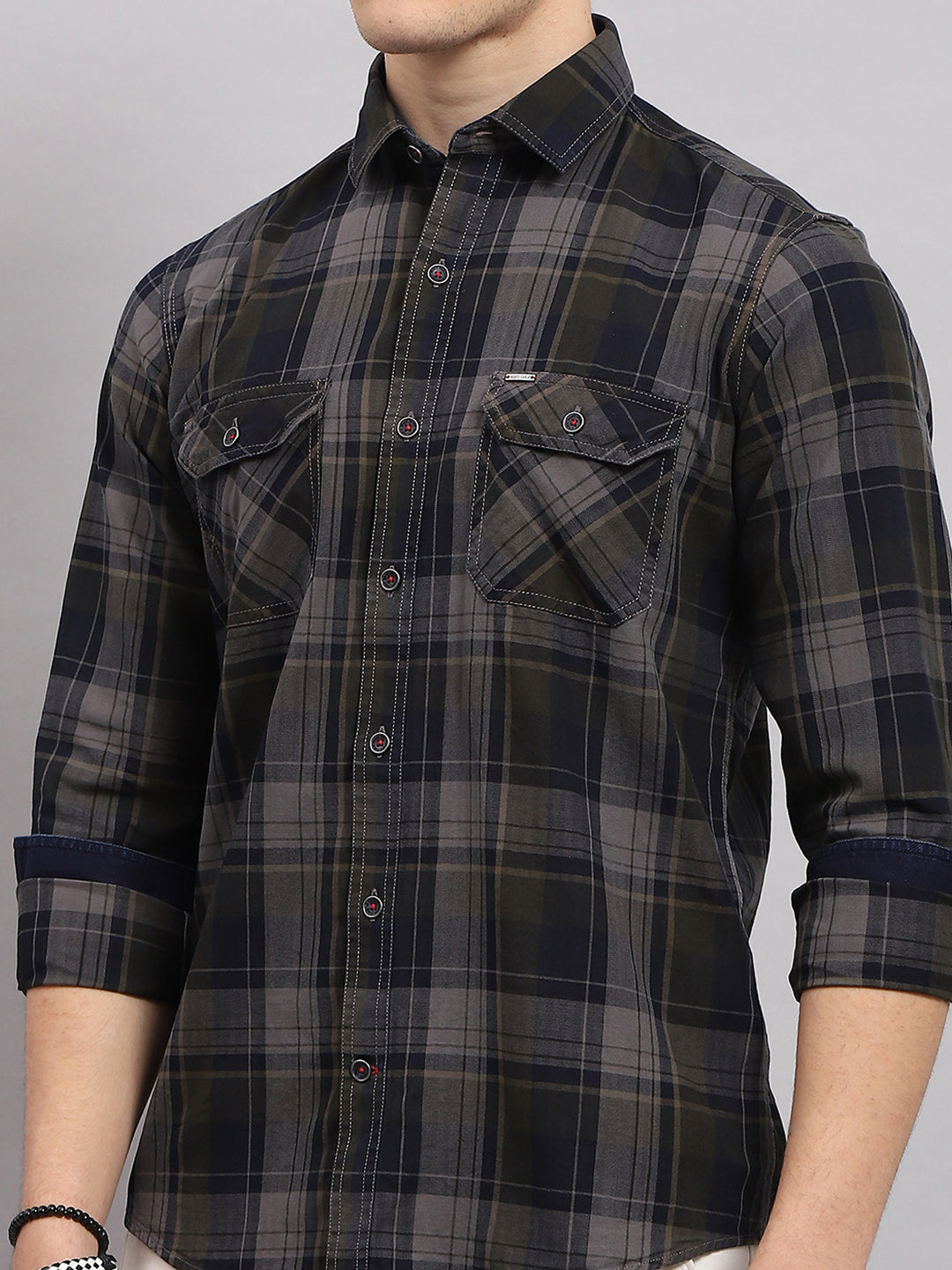 Men Olive & Grey Check Collar Full Sleeve Shirt