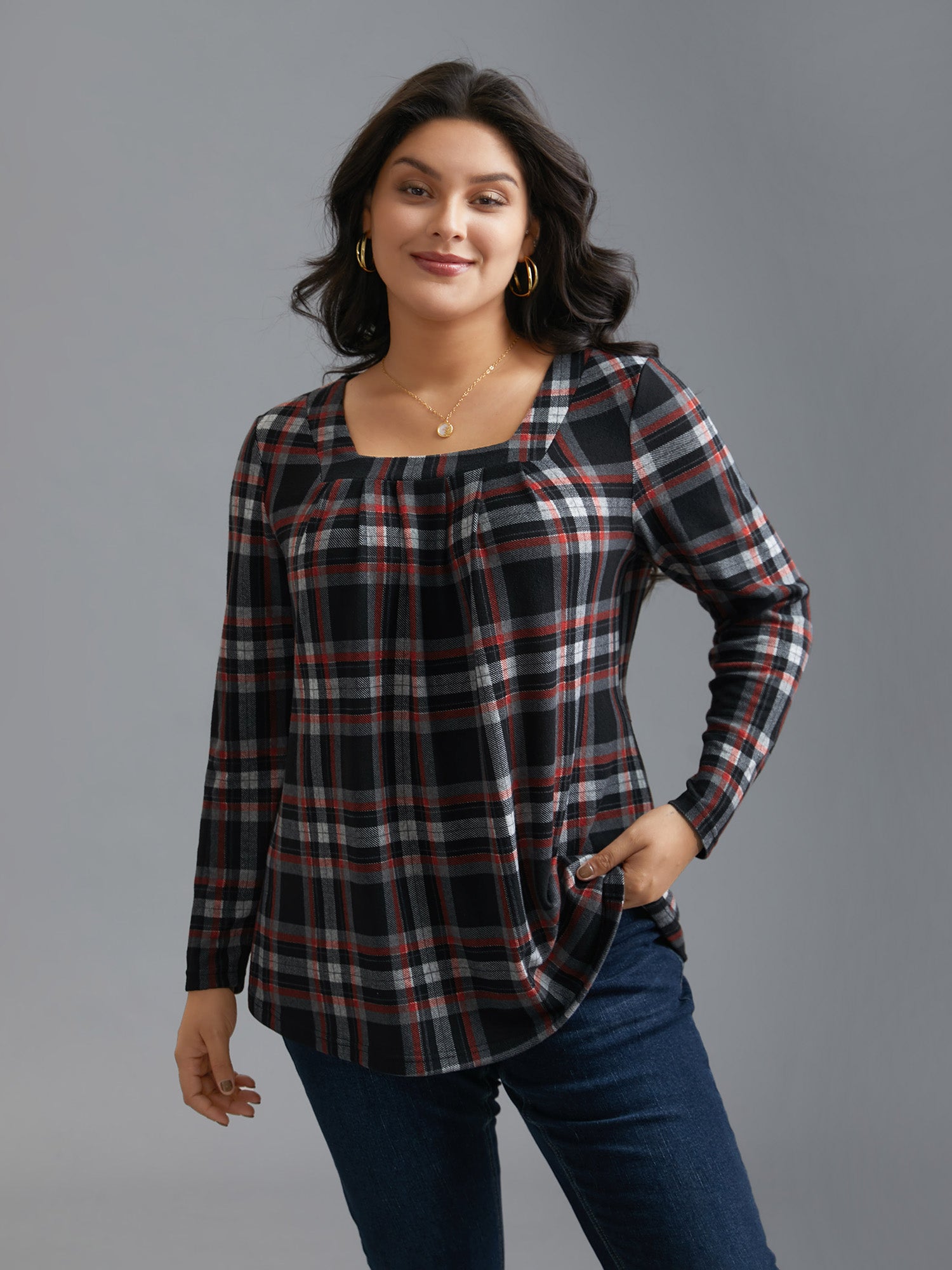 Plaid Pleated Square Neckline Knit Top