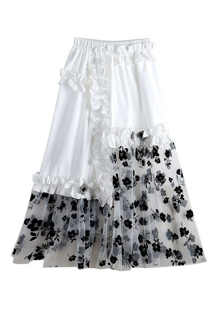 Women White Embroidered Floral Elastic Waist Asymmetrical Patchwork Tulle A Line Skirt Summer