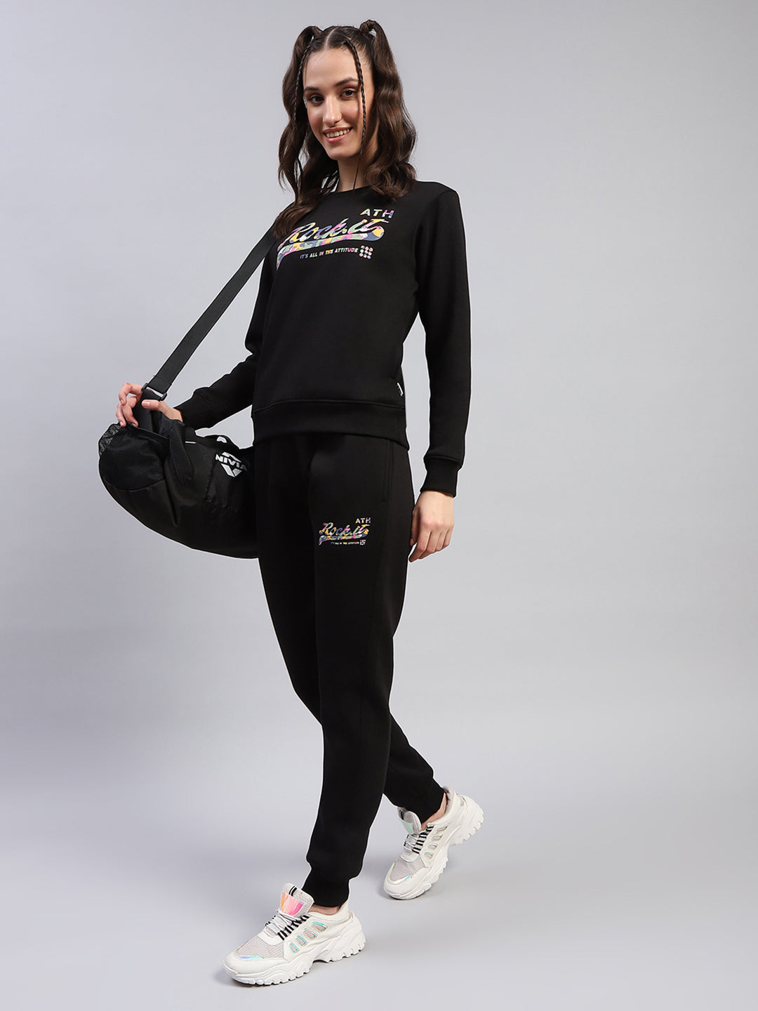 Women Black Printed Round Neck Full Sleeve Tracksuit