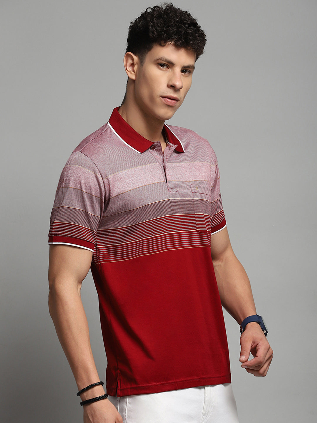 Men Maroon Stripe Collar Half Sleeve T-Shirt