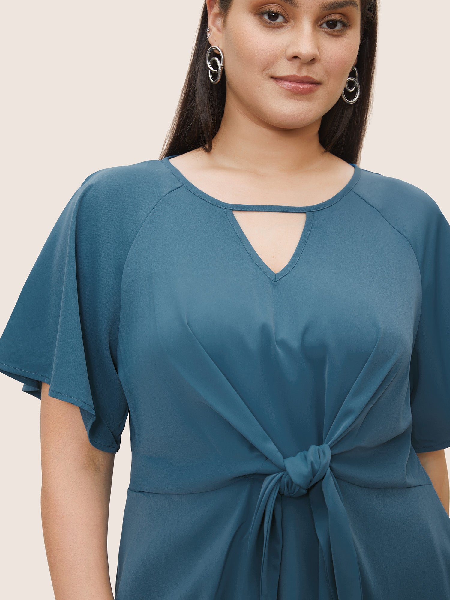 Plain Keyhole Knotted Front Ruffle Sleeve Blouse