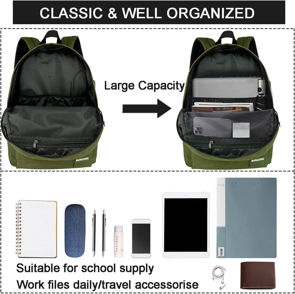 SUPACOOL Casual Laptop Backpack for Men and Women, School Backpack for Boys and Girls, College Bookbag, USB Charging Port, Lightweight Back Pack(Black)