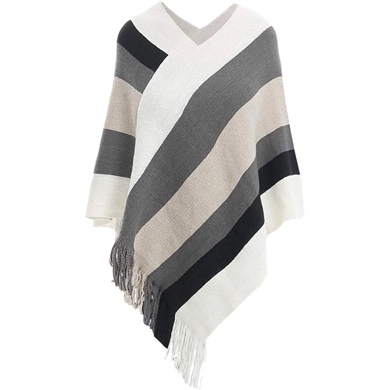 Women's Popular Pullover Cape Knitted Fashionable Color Matching Autumn And Winter Color Stripe Tassel Cape