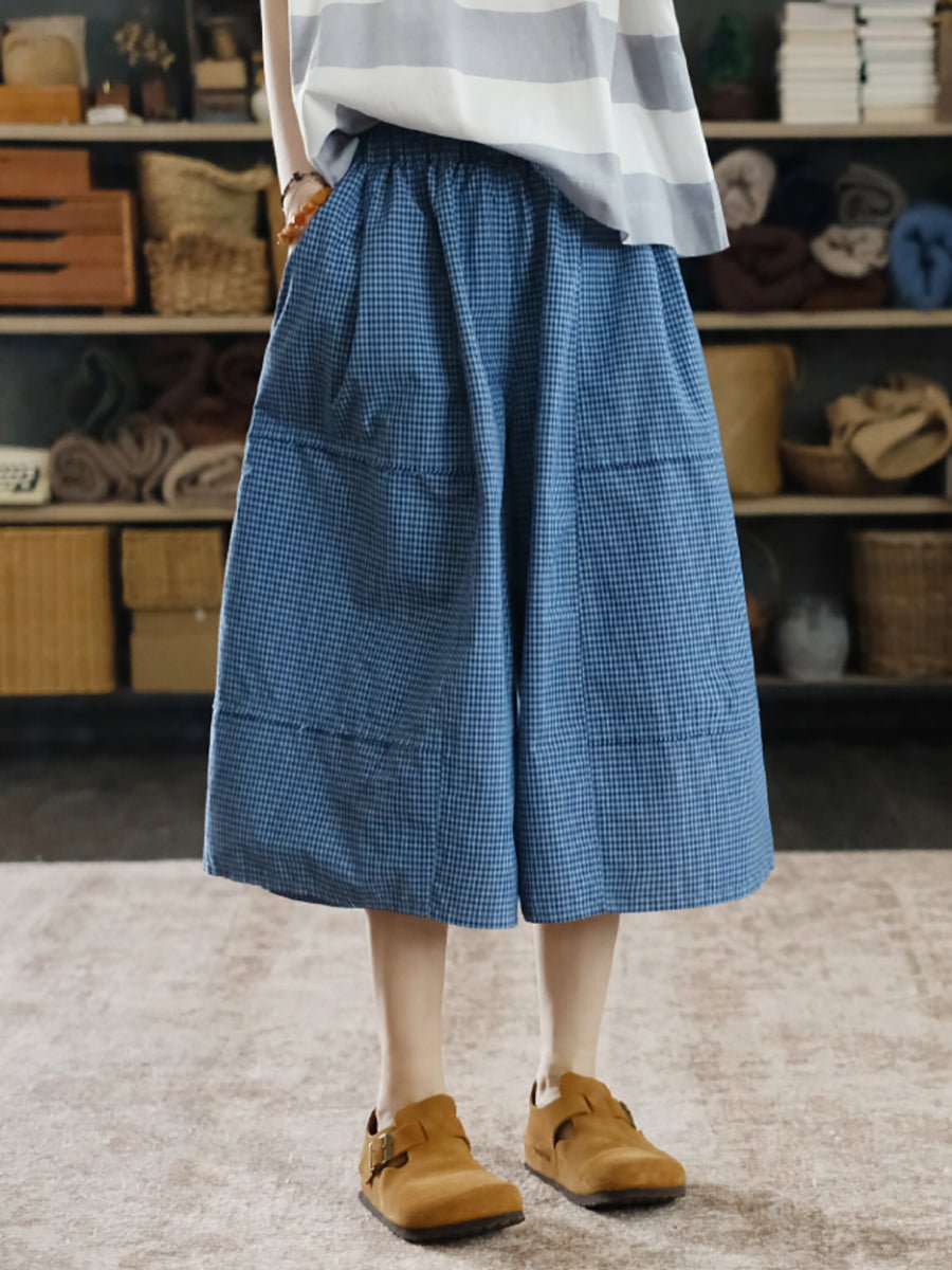 Women Summer Vintage Plaid Ramie Cotton Skirt