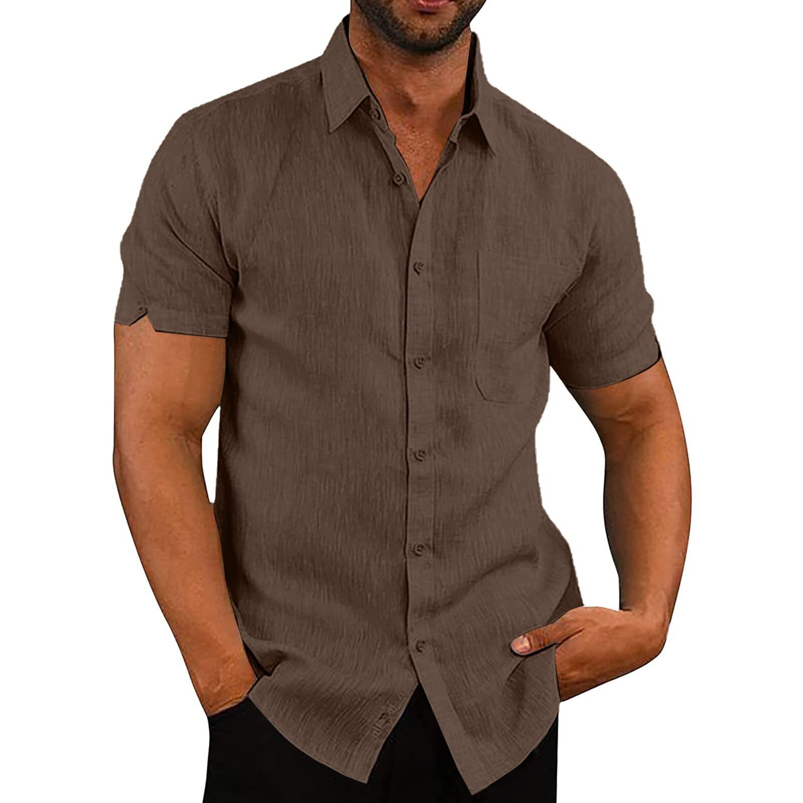 8-pack Mens Linen Shirts Short Sleeved Shirts Button Down Cotton Summer Casual Loose Fit Shirt Tops