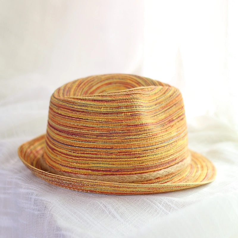 Women's  Color Striped Jazz Hat Spring And Summer Travel Curled Edge Small Rim Hat Sunshade Hat Sunscreen Small Topper Hat