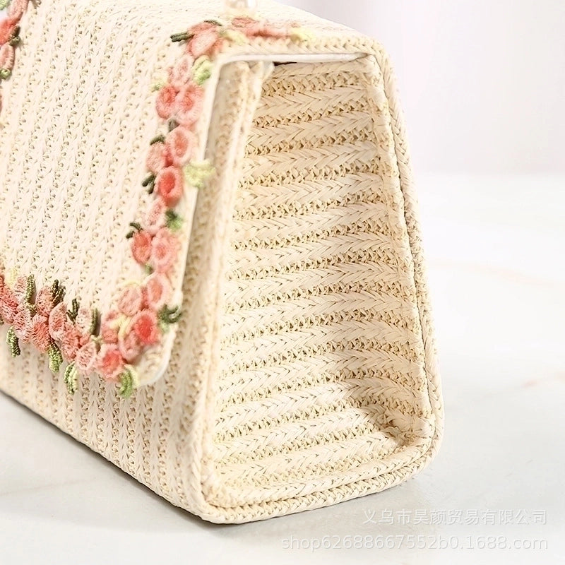Women's Small Straw Flower Cute Square Flip Cover Handbag