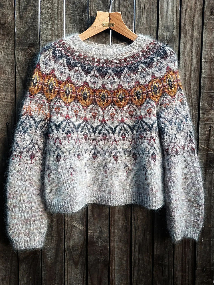 Vintage Geometric Round Neck Long Sleeve Knitted Sweater