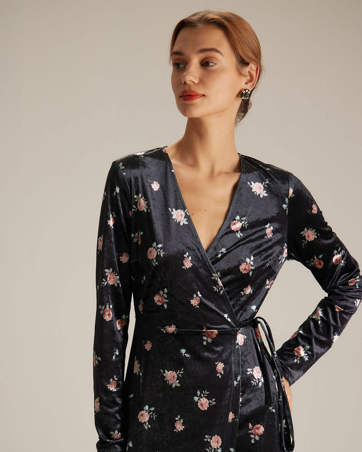 The Black V Neck Floral Velvet Wrap Midi Dress