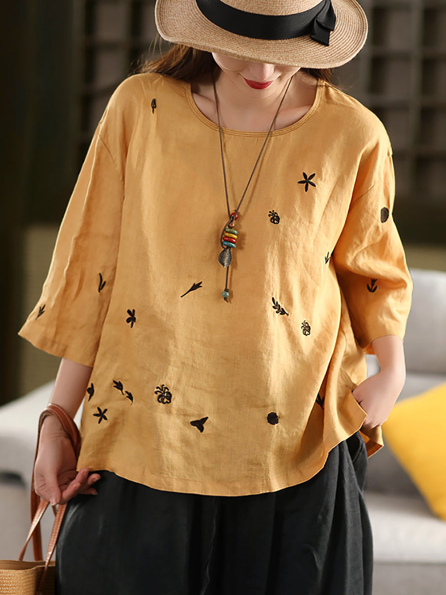 Women Spring O-Neck Flower Embroidery 100%Linen Shirt