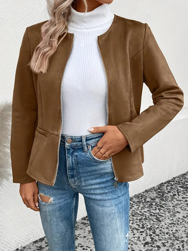Long Sleeves Loose Pockets Solid Color Split-Joint Zipper Round-Neck Jackets Outerwear